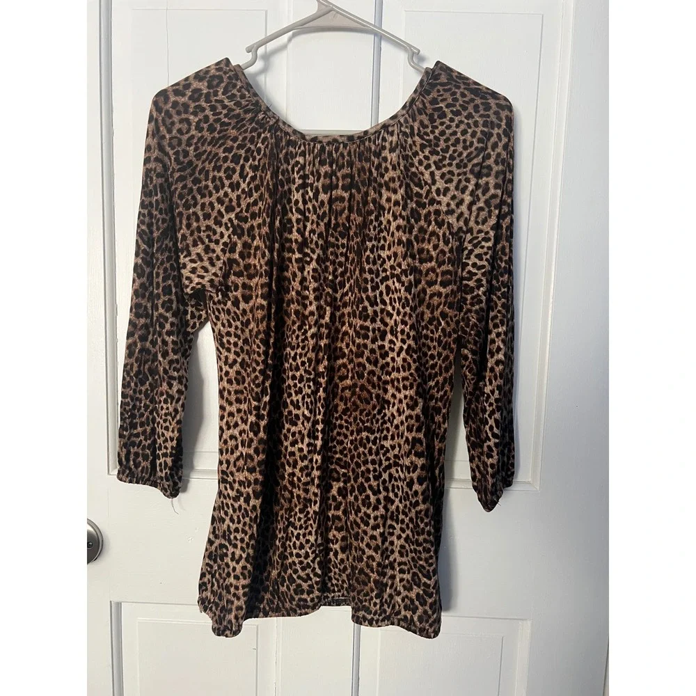 Michael Kors Leopard Print Scoop Neck Blouse 3/4 Sleeve‎ Brown Black Small